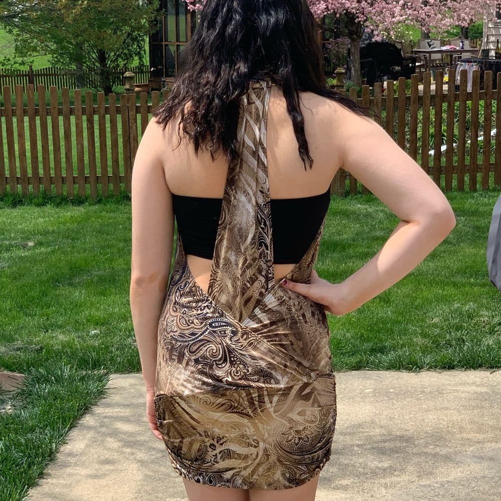 Dots Brown & Copper Party Dress Gold Chain Straps - Picture 2 of 5